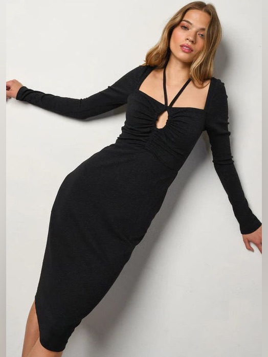 Hutch Luka Luxe Black Long-Sleeve Ruched Keyhole Halter Midi Dress Size Xl New